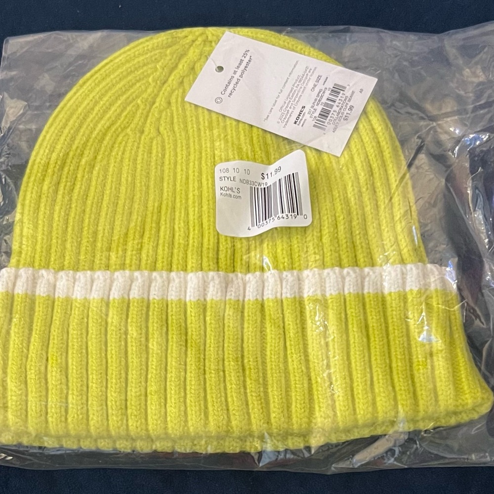 Kohl's Neon Yellow Green Knit Beanie with White Stripe